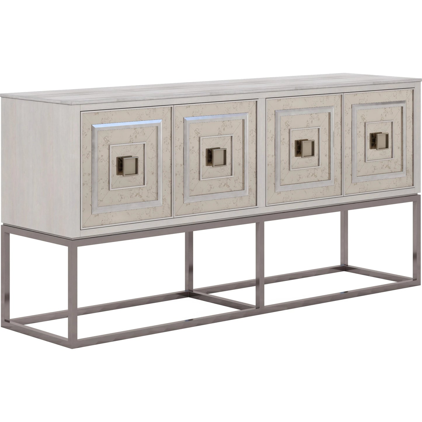 001 SI-2155803 | Primary Silo | Mezzanine Accent/Media Console by A.R.T. Furniture in dove gray. Made from parawood, poplar solids, maple veneer, mirror, travertine, steel in a modern style.