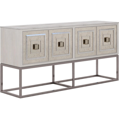 Mezzanine Accent/Media Console by A.R.T. Furniture in dove gray. Made from parawood, poplar solids, maple veneer, mirror, travertine, steel in a modern style.