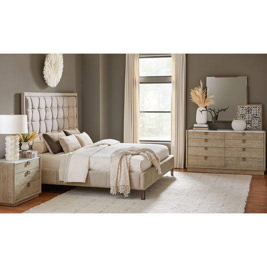 Tamarac Upholstered Bed by A.R.T. Furniture in beige and dusky brindle. Made from parawood solids and oak veneer in a modern style.