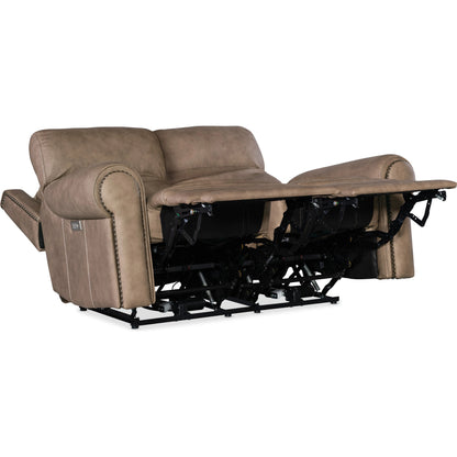 Duncan Power Loveseat by Hooker Furniture in kalahari bark. Made from leather, kalahari bark (semi-aniline top grain with splits) in a traditional style.