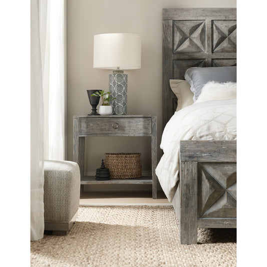 Beaumont One-Drawer Nightstand by Hooker Furniture in shale. Made from elm veneers in a rustic style.