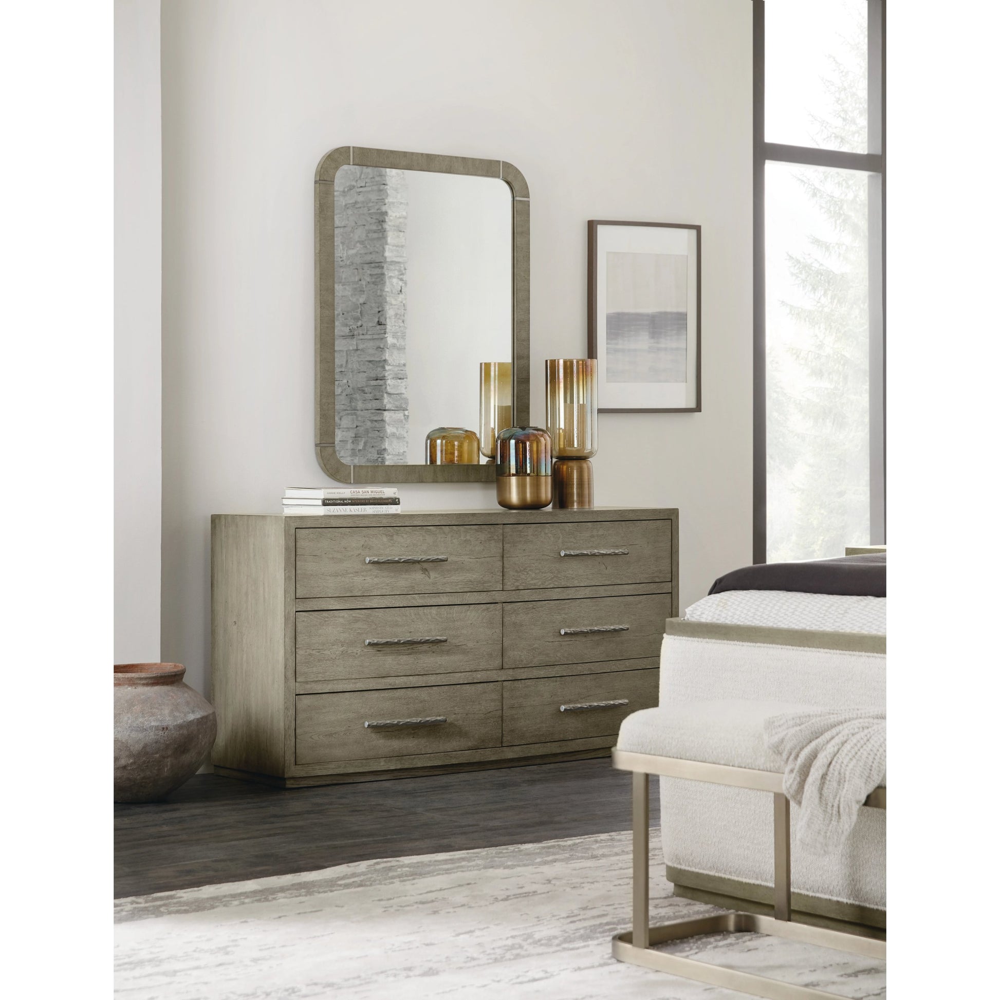 Linville Falls Pinnacle Trails Mirror by Hooker Furniture in mink. Made from oak veneers in a modern style.