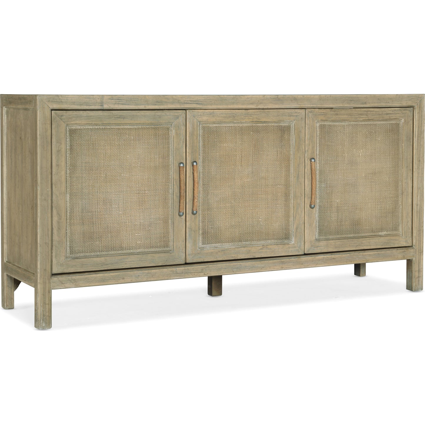 001 SI-1749865 | Primary Silo | Surfrider Media Console by Hooker Furniture in driftwood. Made from pecan veneers, rattan, solid-wood edge top in a coastal style.
