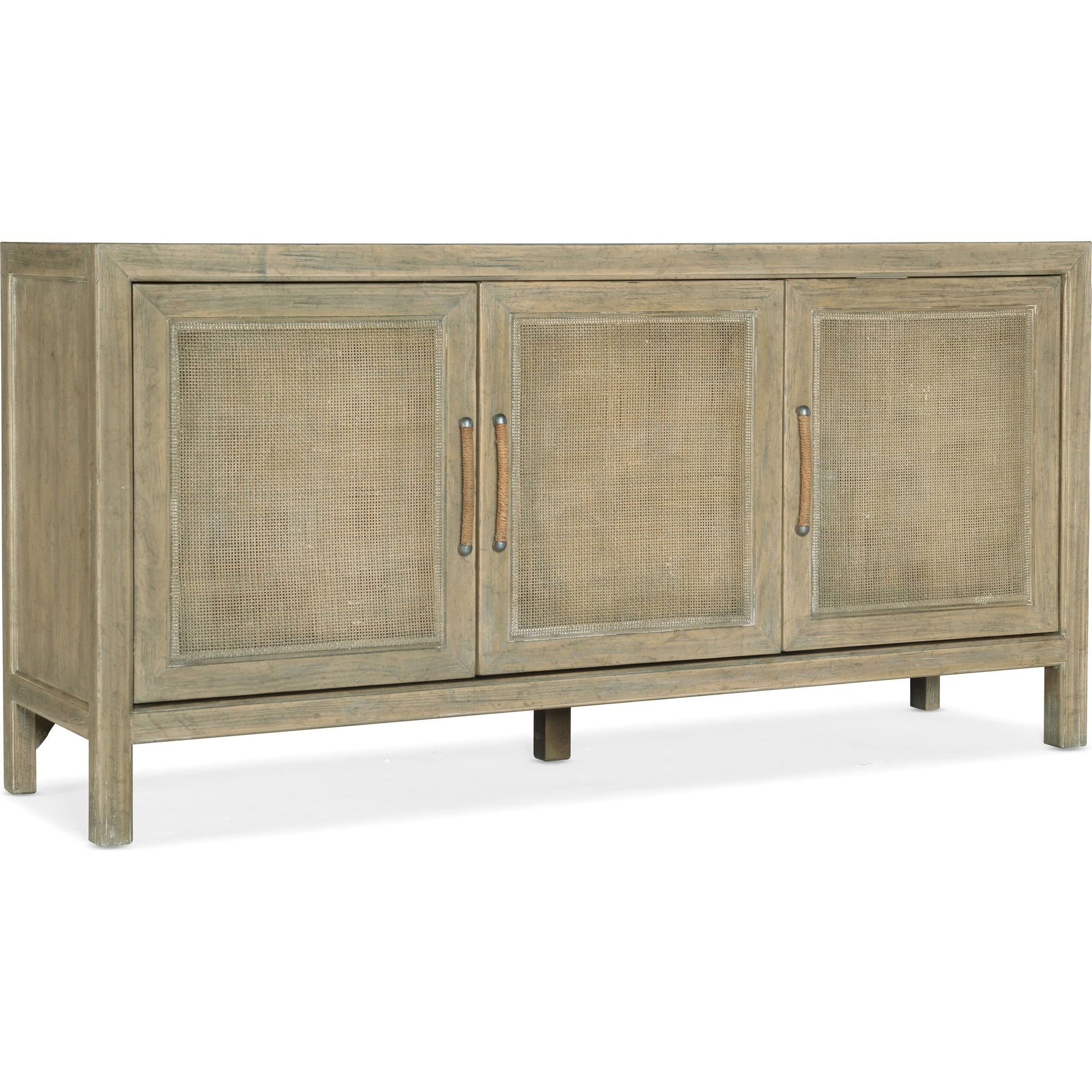 Surfrider Media Console by Hooker Furniture in driftwood. Made from pecan veneers, rattan, solid-wood edge top in a coastal style.