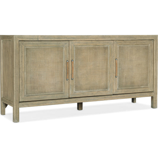 Surfrider Media Console by Hooker Furniture in driftwood. Made from pecan veneers, rattan, solid-wood edge top in a coastal style.