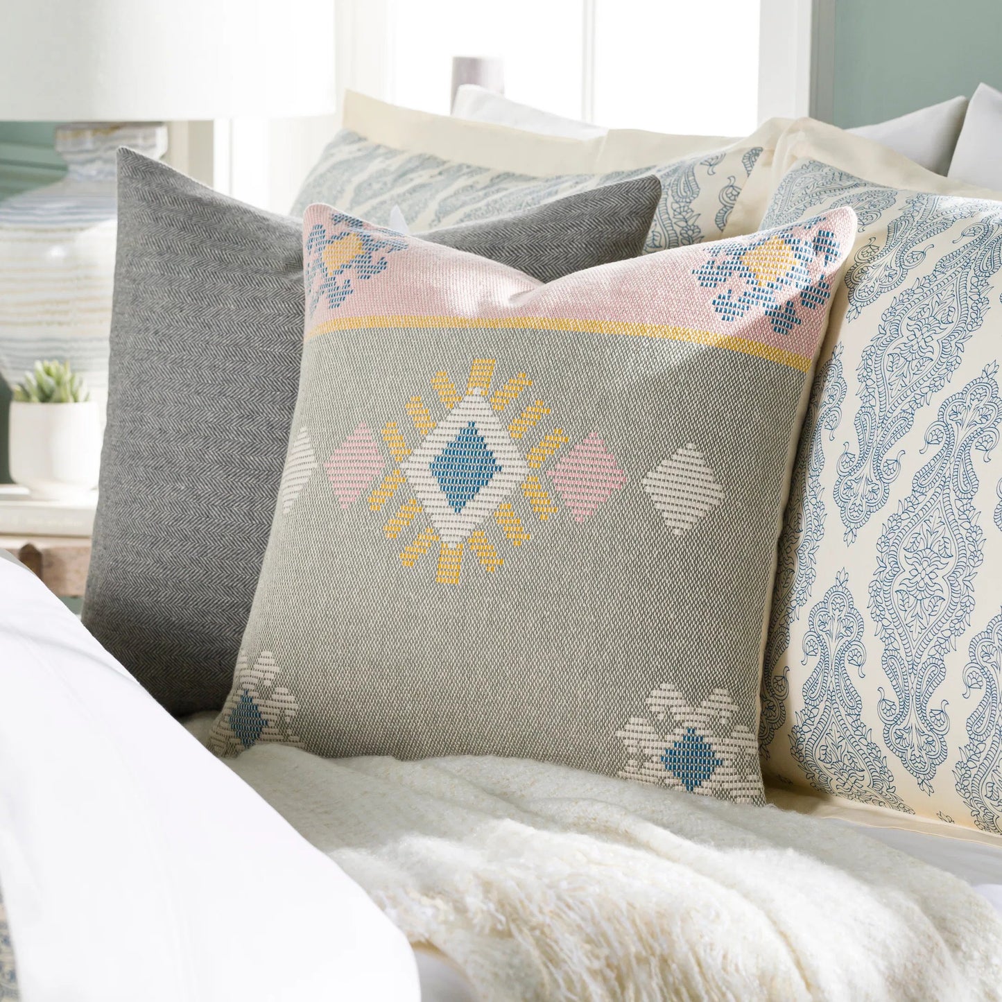 003 SI-1893803,SI-1893804,SI-1893805,SI-1893806,SI-1893807,SI-1893808 | Lifestyle | Zakaria Indoor/Outdoor Pillow by Surya in saffron, bright blue, light pink, seafoam. Made from 100% cotton in a eclectic & global style.