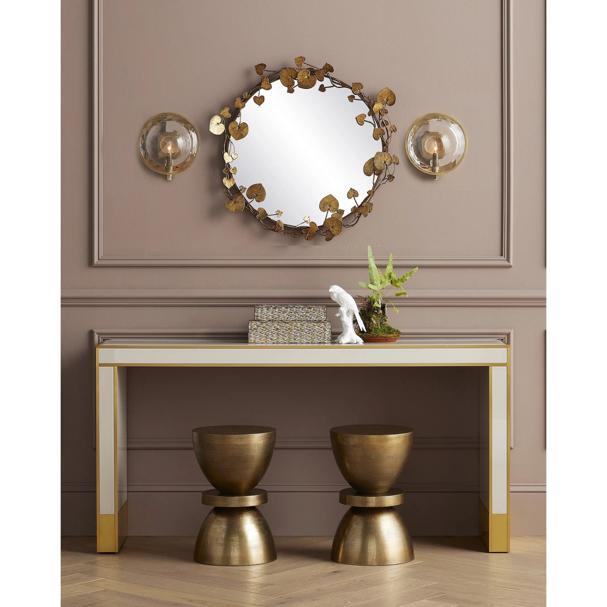 Arden Console Table by Currey and Company in ivory, satin brass. Made from reverse painted glass, brass, solid hardwood in a modern style.