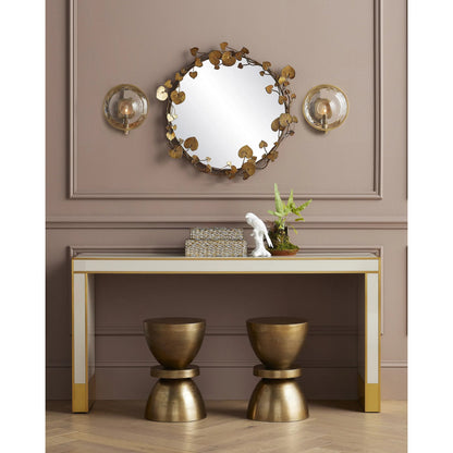 Arden Console Table by Currey and Company in ivory, satin brass. Made from reverse painted glass, brass, solid hardwood in a modern style.