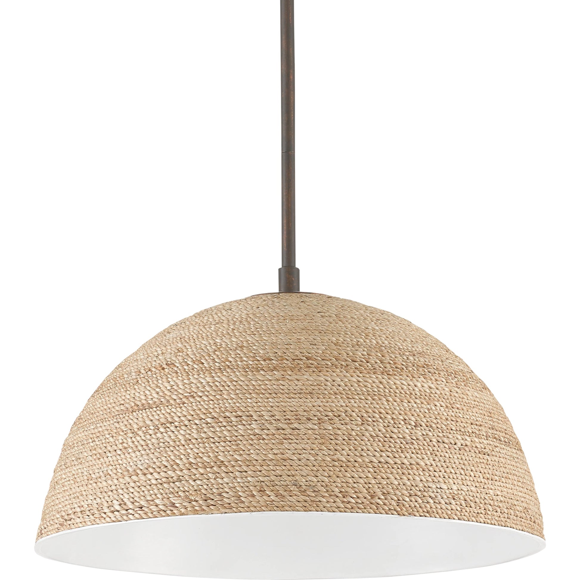 Tobago Pendant by Currey and Company in bronze gold, natural abaca rope. Made from wrought iron, abaca rope in a coastal style.