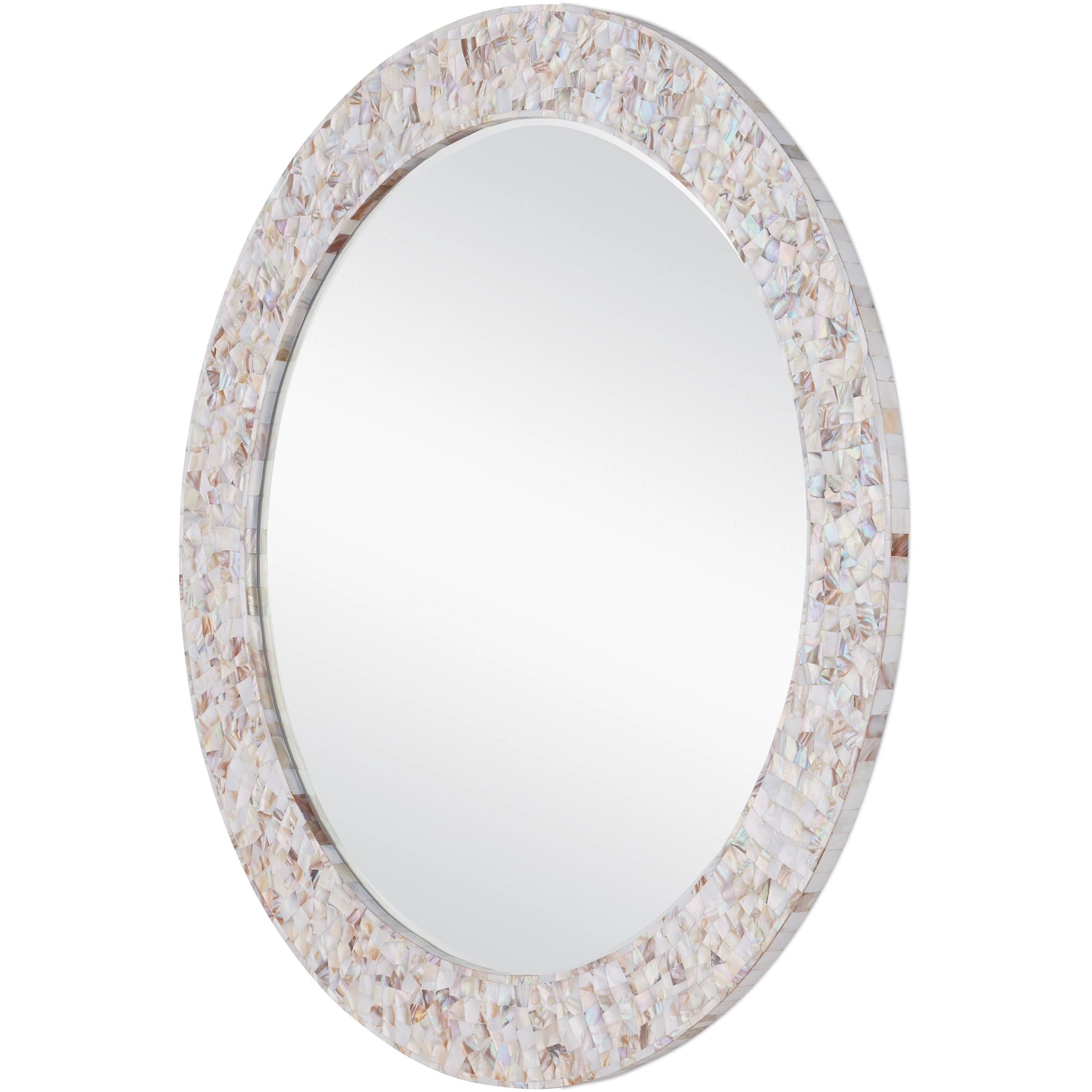 Uma Mother of Pearl Mirror by Currey and Company in natural, white, mirror. Made from mother of pearl, engineered wood, glass in a modern style.