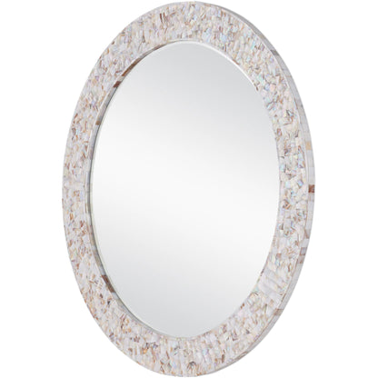 Uma Mother of Pearl Mirror by Currey and Company in natural, white, mirror. Made from mother of pearl, engineered wood, glass in a modern style.