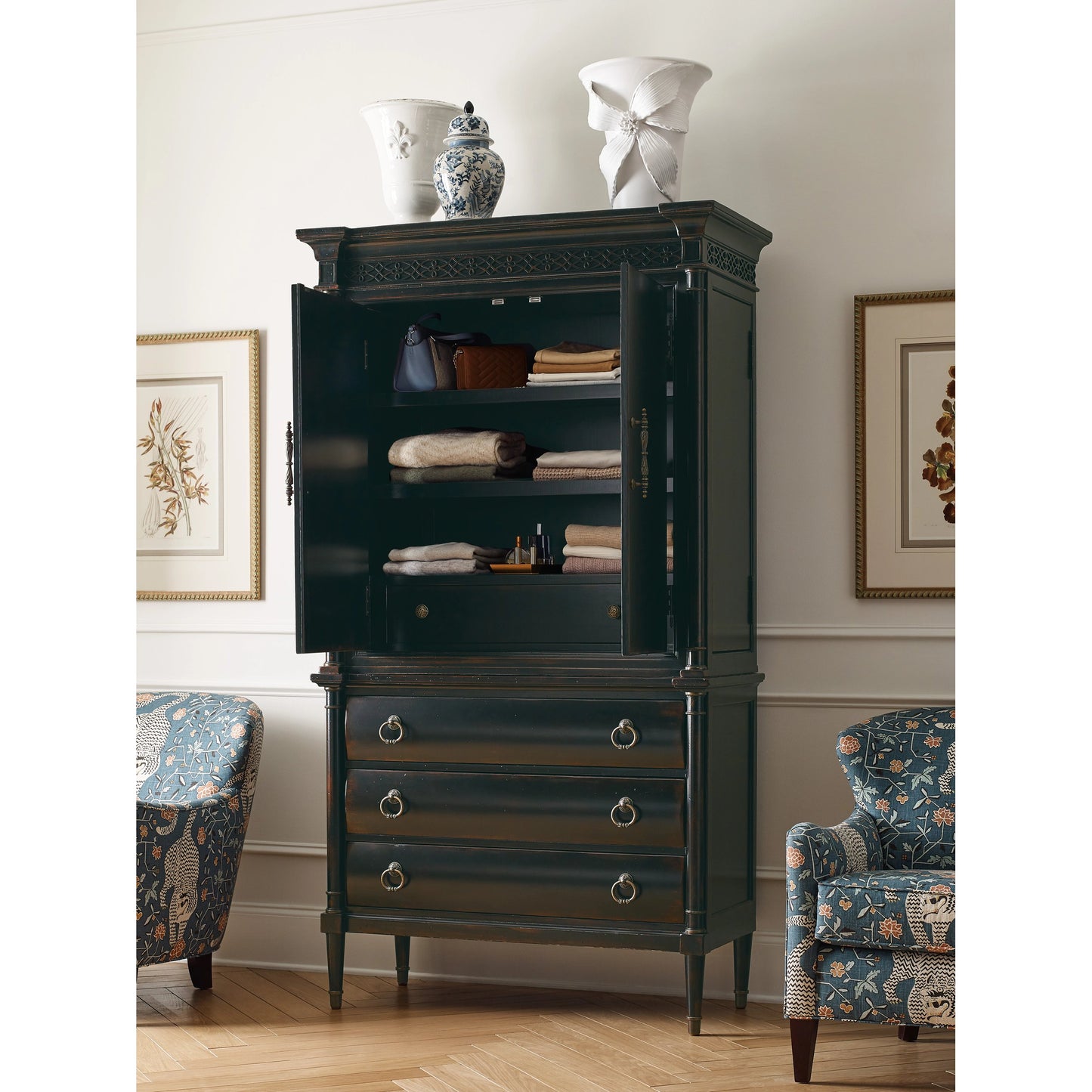 010 SI-2029027 | Lifestyle | Charleston Jewelry Armoire by Hooker Furniture in black cherry. Made from cherry veneers, cedar, metal in a traditional style.