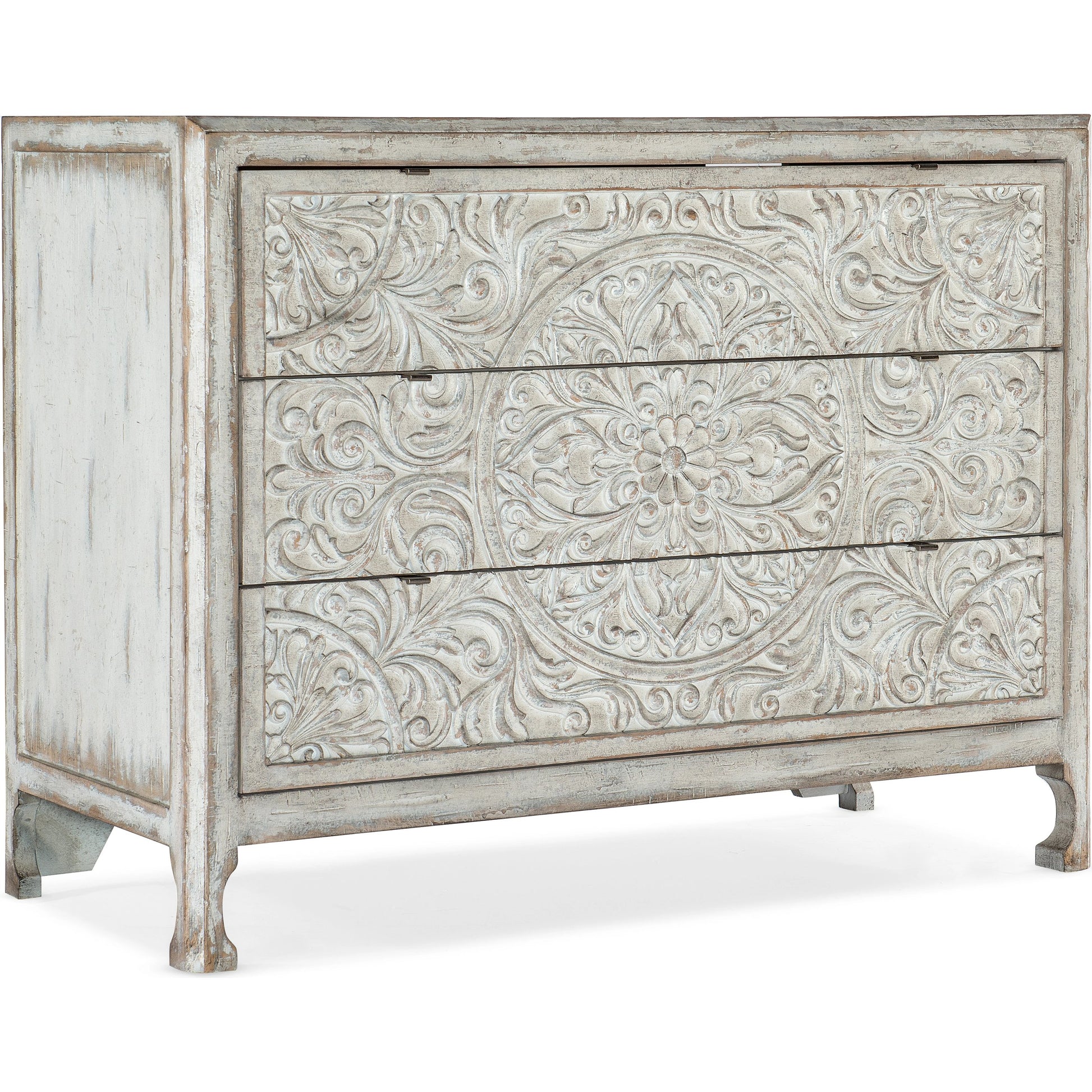La Grange Lockhart Three-Drawer Accent Chest by Hooker Furniture in antique white. Made from pecan veneers in a transitional style.