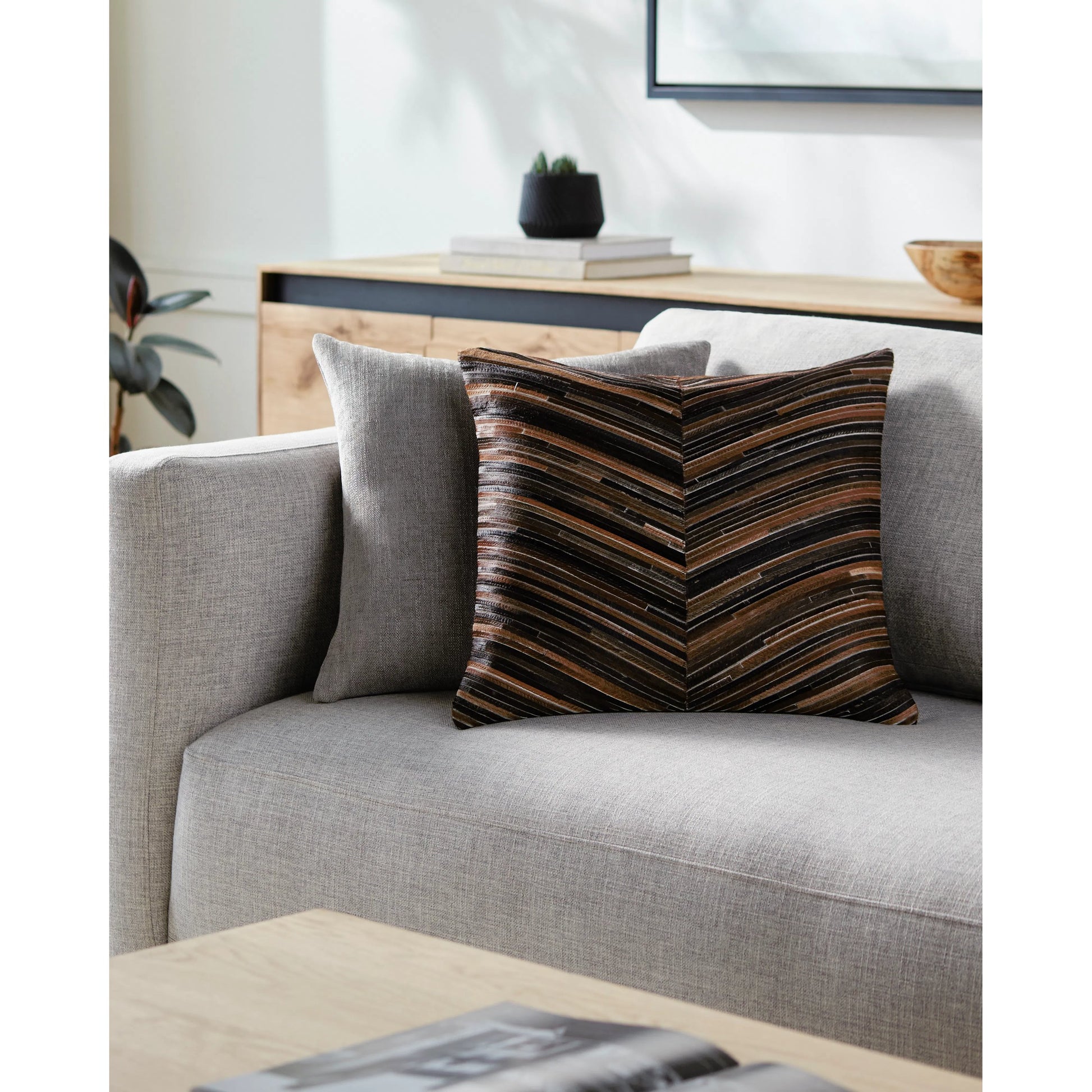 Zander Pillow - 33183 by Surya in caramel, charcoal. Made from 100% hair on hide, 80% polyester, 20% cotton in a transitional style.