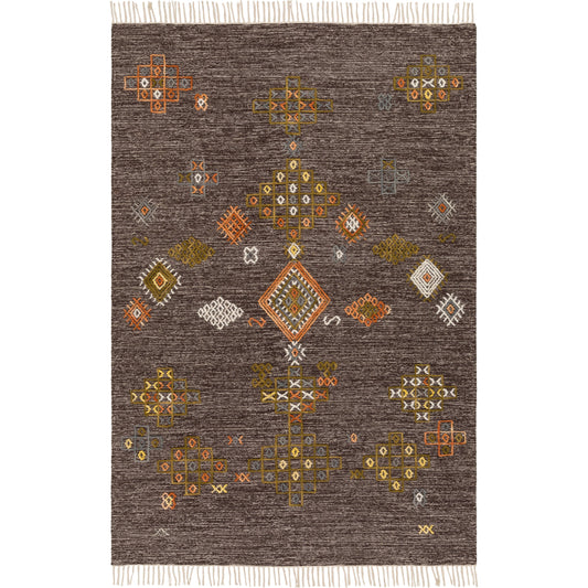 Zanafi Rug - 25468 by Surya in dark brown, light beige, gray, olive, peach, burnt orange. Made from 80% cotton, 20% wool in a unique style.