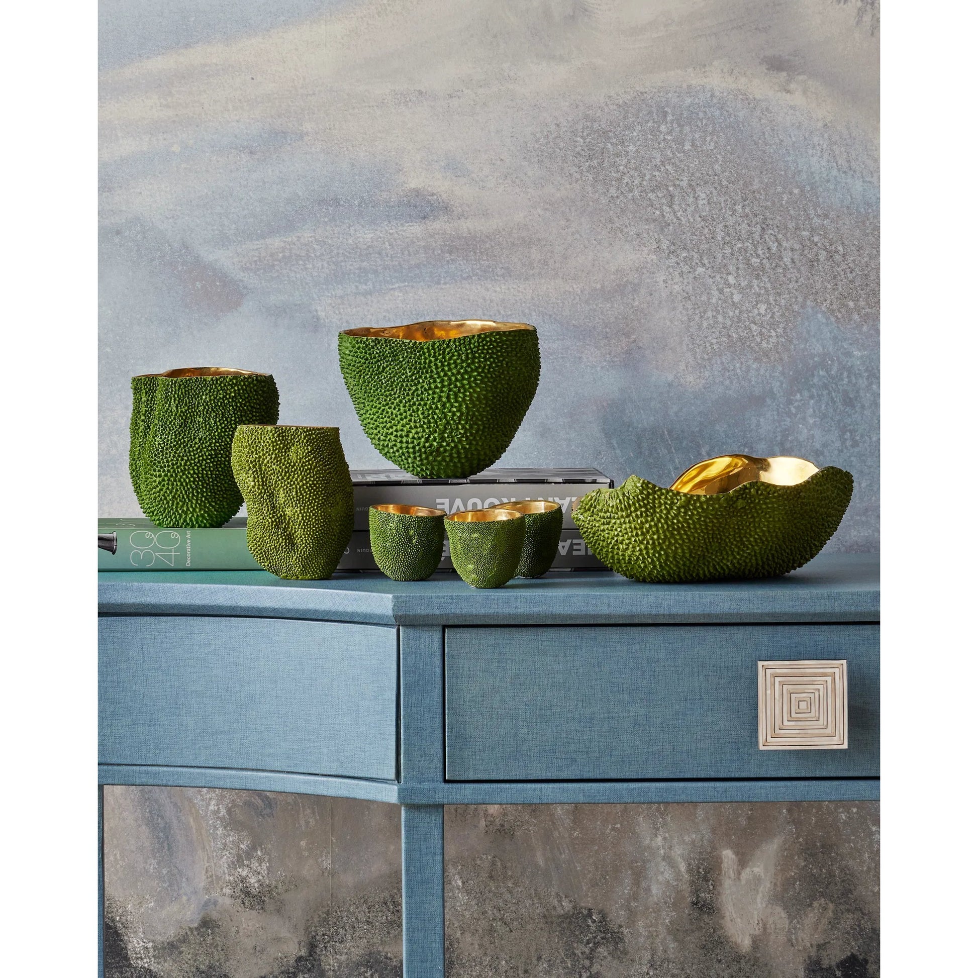 Jackfruit Vase by Currey and Company in green, gold. Made from bronze in a coastal style.