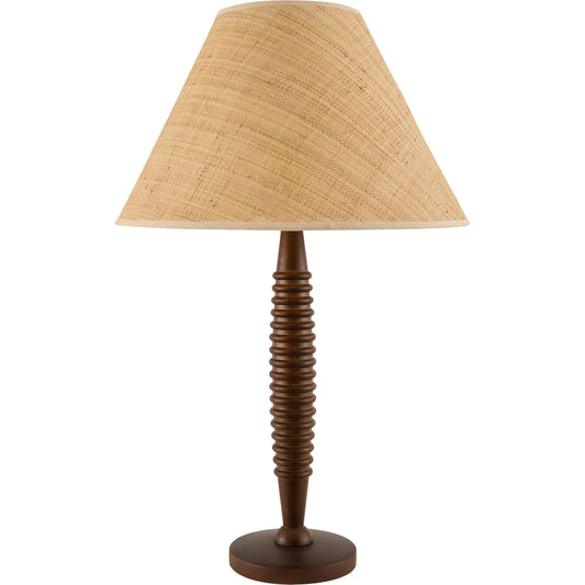Ziniare Accent Table Lamp by Surya in dark brown. Made from rubber wood, iron, linen, polyester in a traditional style.