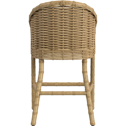 Playa Outdoor Barstool by Sunset West in medium wood. Made from resin wicker in a rustic style.