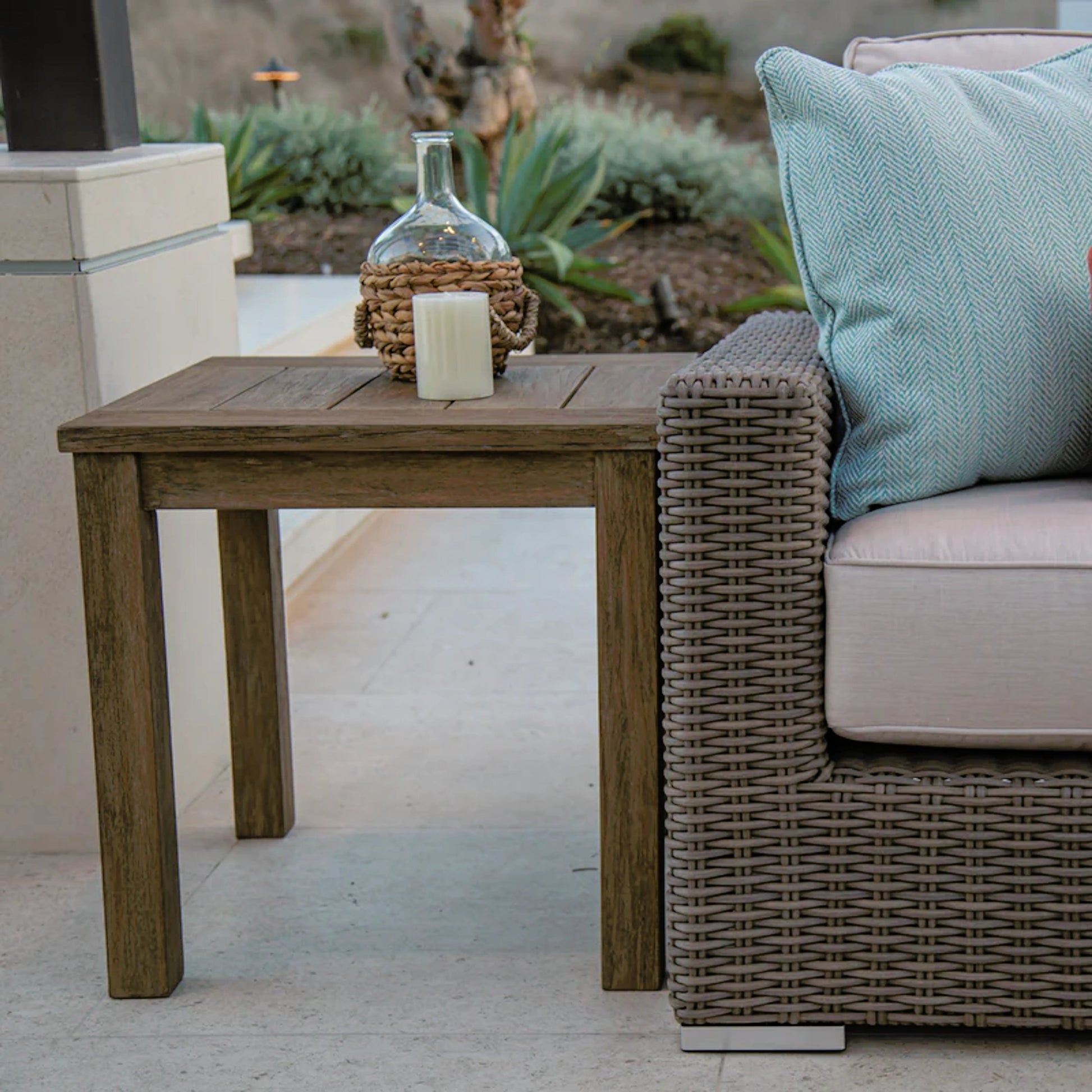 Coastal Outdoor Teak End Table by Sunset West in teak. Made from teak in a modern style.