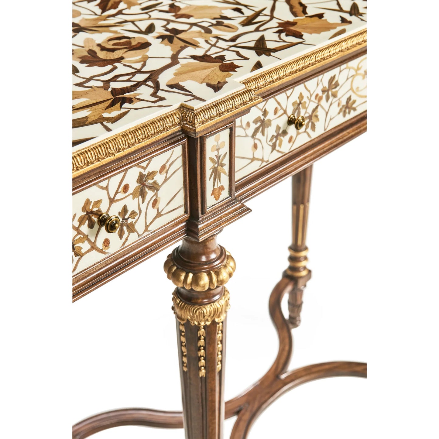 007 SI-2334504 | Closeup | Trianon Console Table by Jonathan Charles in oak leaf parquetry. Made from mahogany solids, various marquetry veneers, resin, brass in a traditional style.