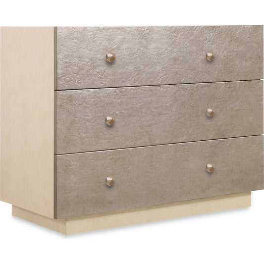 Westwood Bachelors Chest by Hooker Furniture in venetian dawn silver-leaf and polished limestone. Made from oak veneers in a modern style.