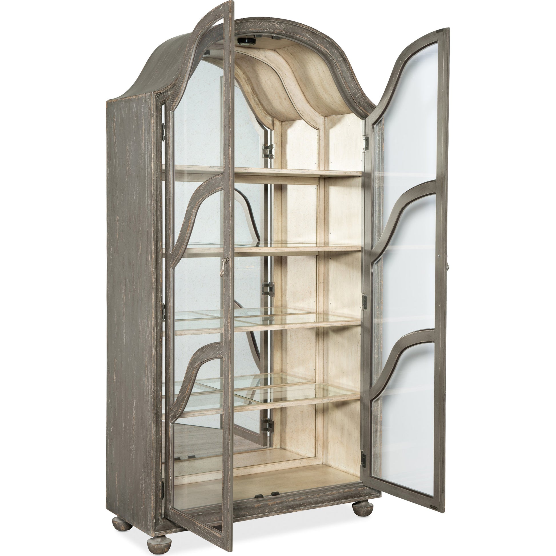 Costa Cabinet by Hooker Furniture in pottery gray. Made from oak veneers, glass in a eclectic & global style.