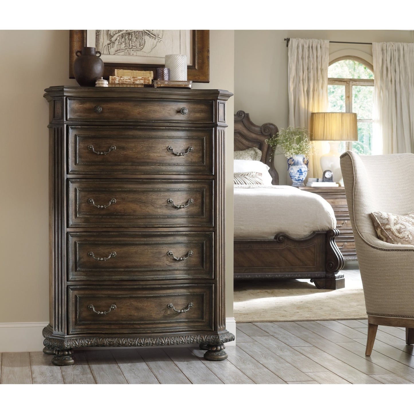 003 SI-1749459 | Lifestyle | Rhapsody Five Drawer Chest by Hooker Furniture in rustic walnut. Made from pecan veneers in a traditional style.