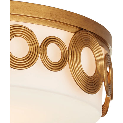 Gyges Flush Mount by Currey and Company in brass, opaque white. Made from wrought iron, glass in a modern style.