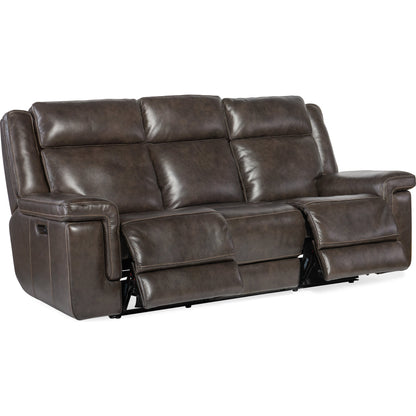 Montel Lay Flat Power Sofa by Hooker Furniture in cosmos cobalt. Made from leather in a traditional style.