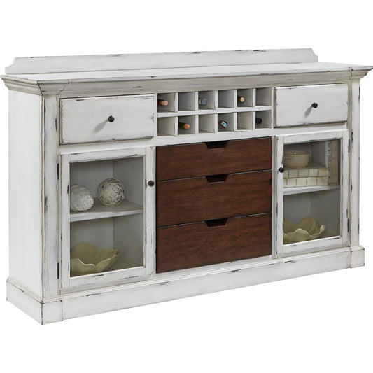 Two Doors Sideboard by Pulaski Furniture in distressed white. Made from solid hardwood in a cottage & farmhouse style.
