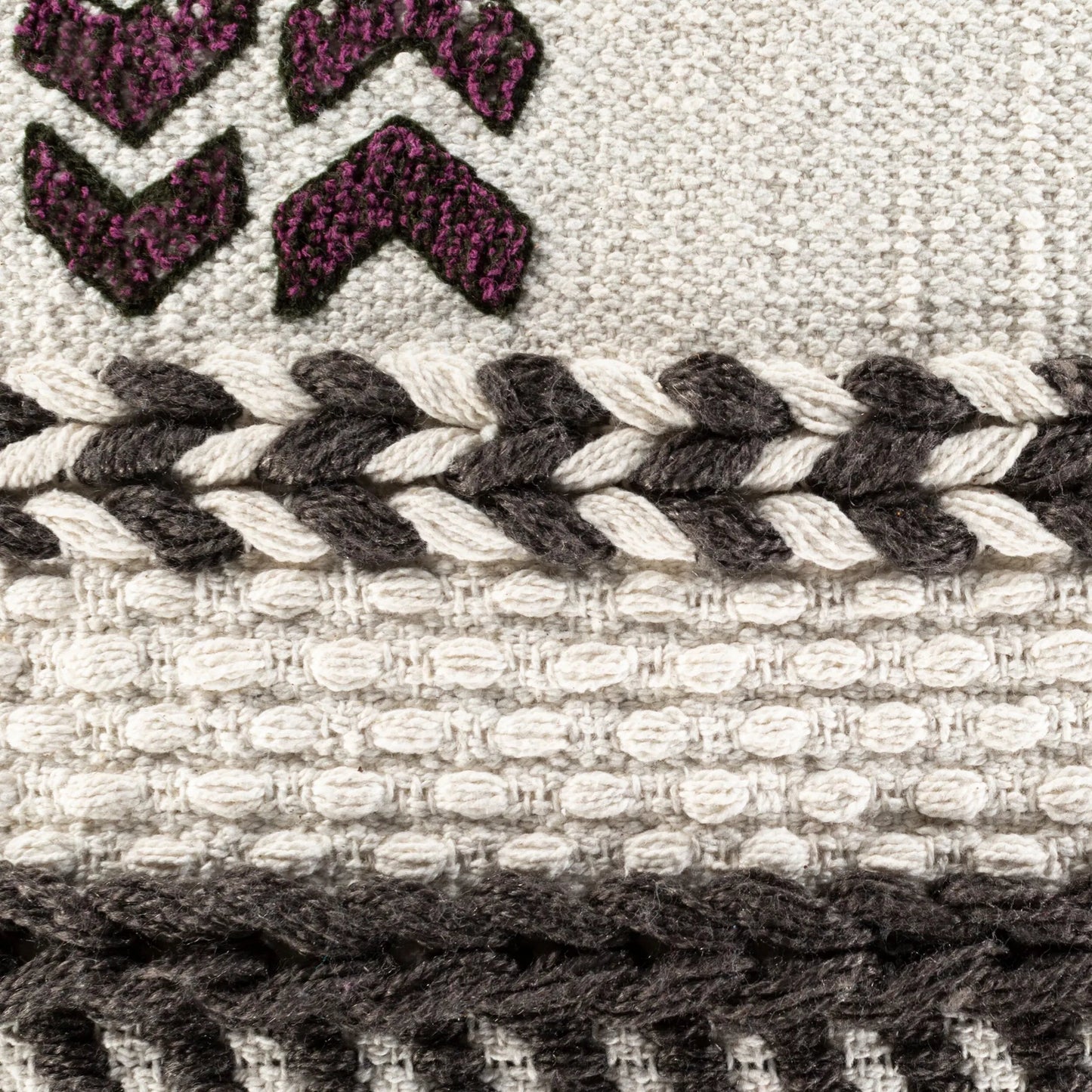004 SI-1894130,SI-1894131,SI-1894132,SI-1894133 | Closeup | Zuri Indoor/Outdoor Pillow by Surya in charcoal, white, fuchsia, tan, navy. Made from 100% cotton in a eclectic & global style.