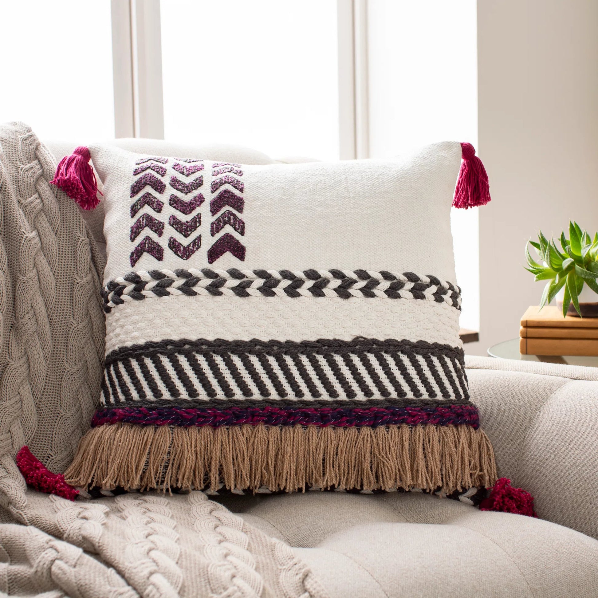 Zuri Indoor/Outdoor Pillow by Surya in charcoal, white, fuchsia, tan, navy. Made from 100% cotton in a eclectic & global style.
