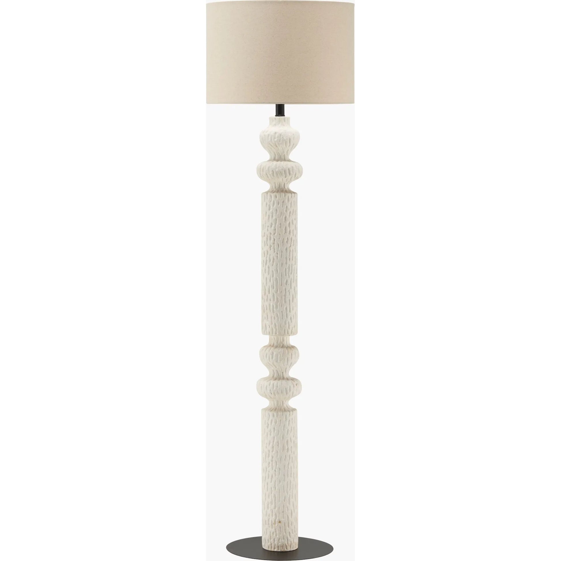 Zaruma Accent Floor Lamp by Livabliss in body: white; base: black; shade (outside): beige; shade (inside): white; finial: metallic - gold; harp: metallic - gold; cord: translucent and distressed, electroplated, painted. Made