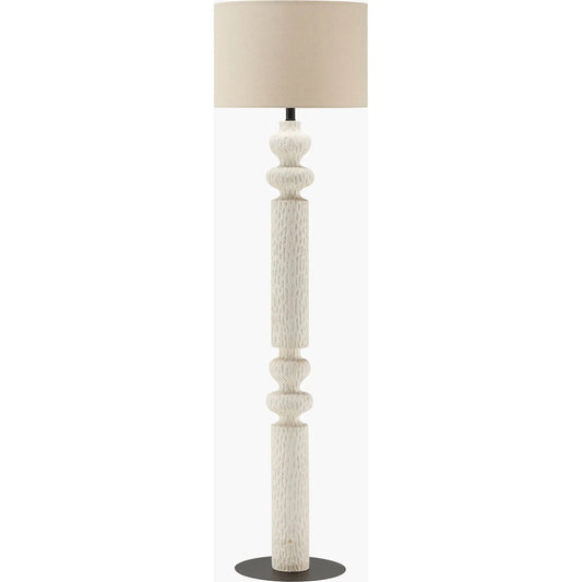 Zaruma Accent Floor Lamp by Livabliss in body: white; base: black; shade (outside): beige; shade (inside): white; finial: metallic - gold; harp: metallic - gold; cord: translucent and distressed, electroplated, painted. Made