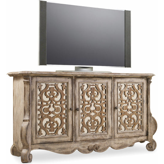 Chatelet Entertainment Console by Hooker Furniture in caramel froth, paris vintage. Made from pecan veneers, resin in a unique style.