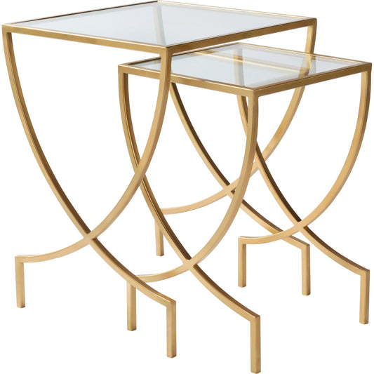 Zareen Nesting Tables (Set of 2) by Surya in gold and powder coatedtranslucent. Made from top: glass, base: metal in a unique style.