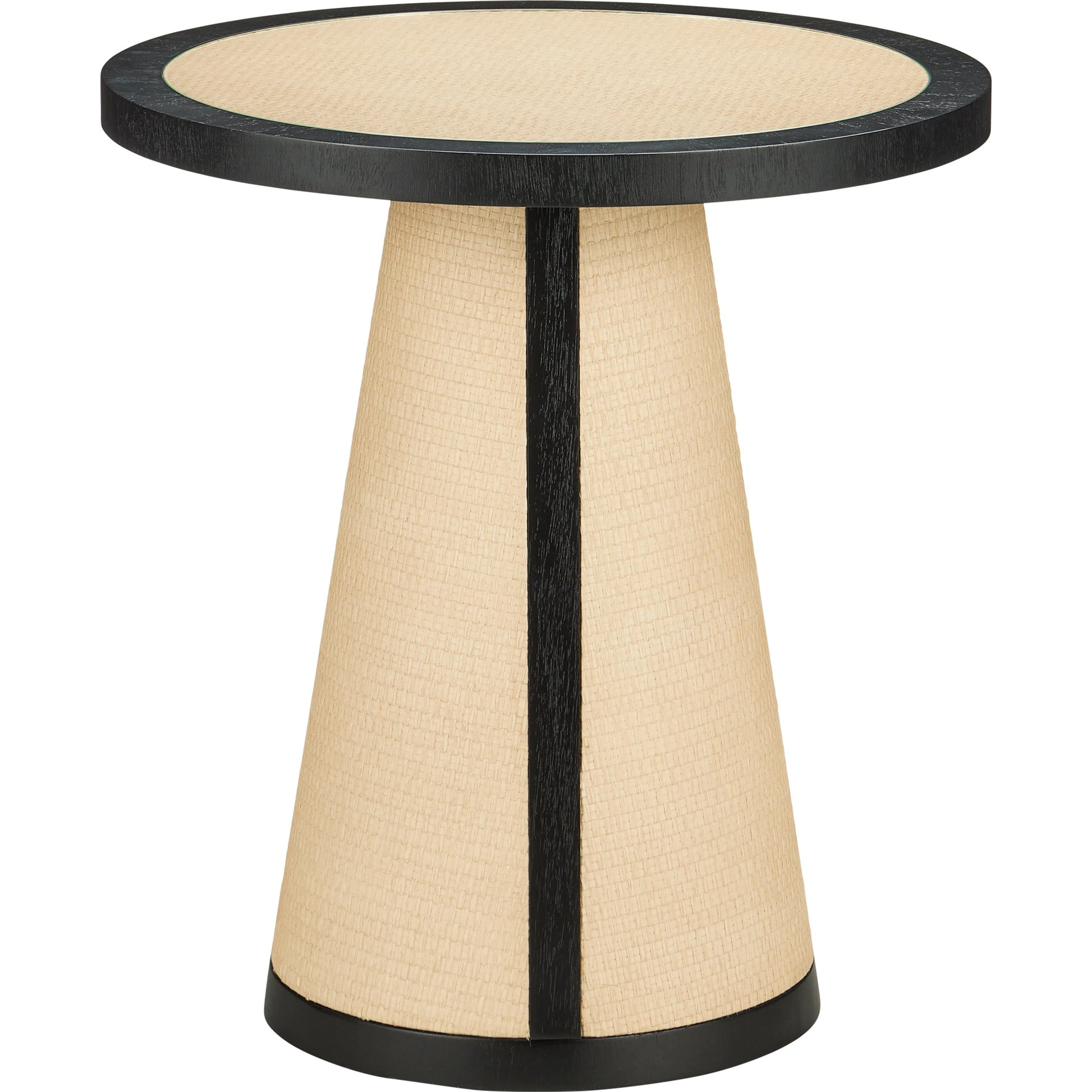 Deanna Raffia Accent Table by Currey and Company in ivory, black, clear. Made from raffia, okume veneer, tempered glass in a modern style.