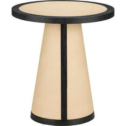 Deanna Raffia Accent Table by Currey and Company in ivory, black, clear. Made from raffia, okume veneer, tempered glass in a modern style.