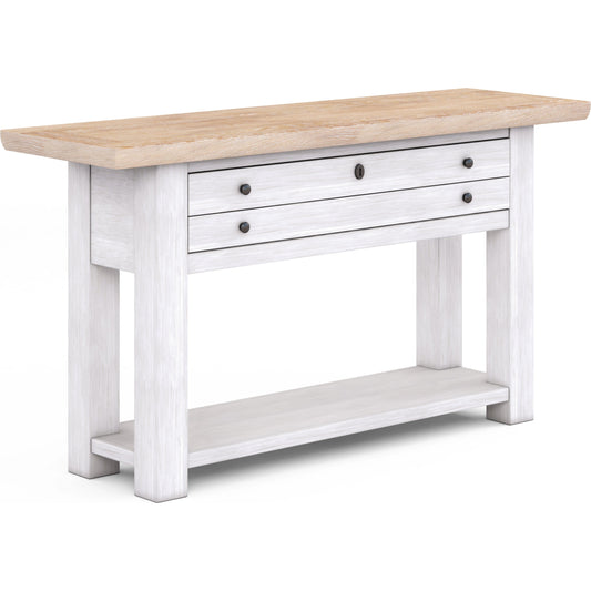 Post Sofa Table by A.R.T. Furniture in chestnut, accent white. Made from ash, solid pine, plank-effect flakey oak, pine veneer, metal in a modern style.