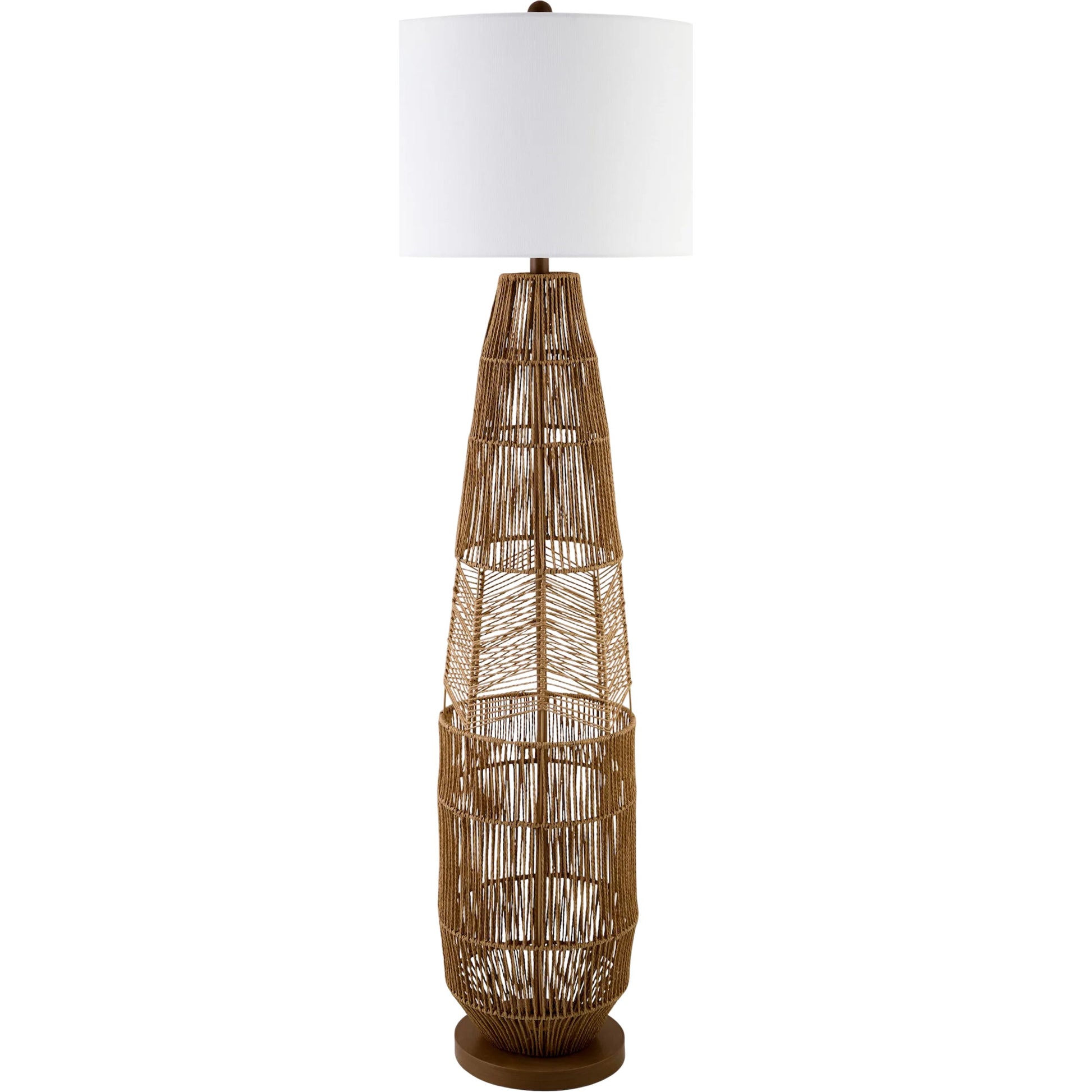 Zuru Accent Floor Lamp by Surya in white, wheat, translucent, metallic nickel. Made from rattan, linen, plastic, resin in a rustic style.