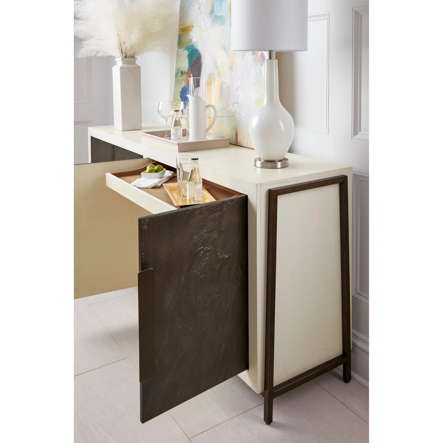 010 SI-2064937 | Lifestyle | Blanc Credenza by A.R.T. Furniture in alabaster, burnished bronze. Made from parawood solids, resin, metal in a modern style.