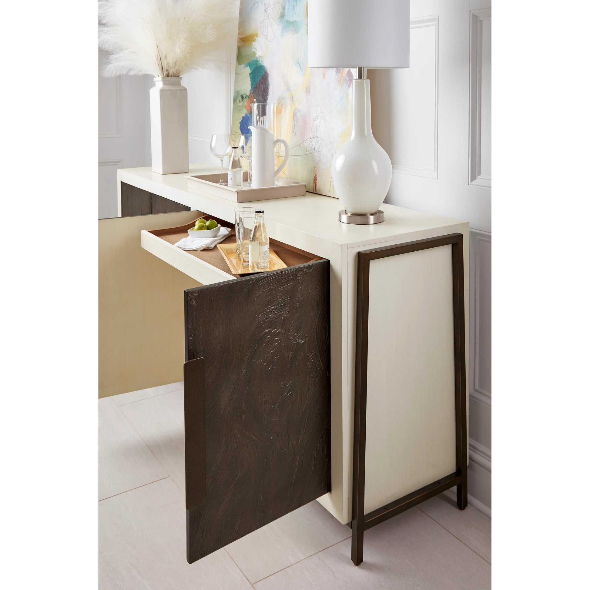 Blanc Credenza by A.R.T. Furniture in alabaster, burnished bronze. Made from parawood solids, resin, metal in a modern style.