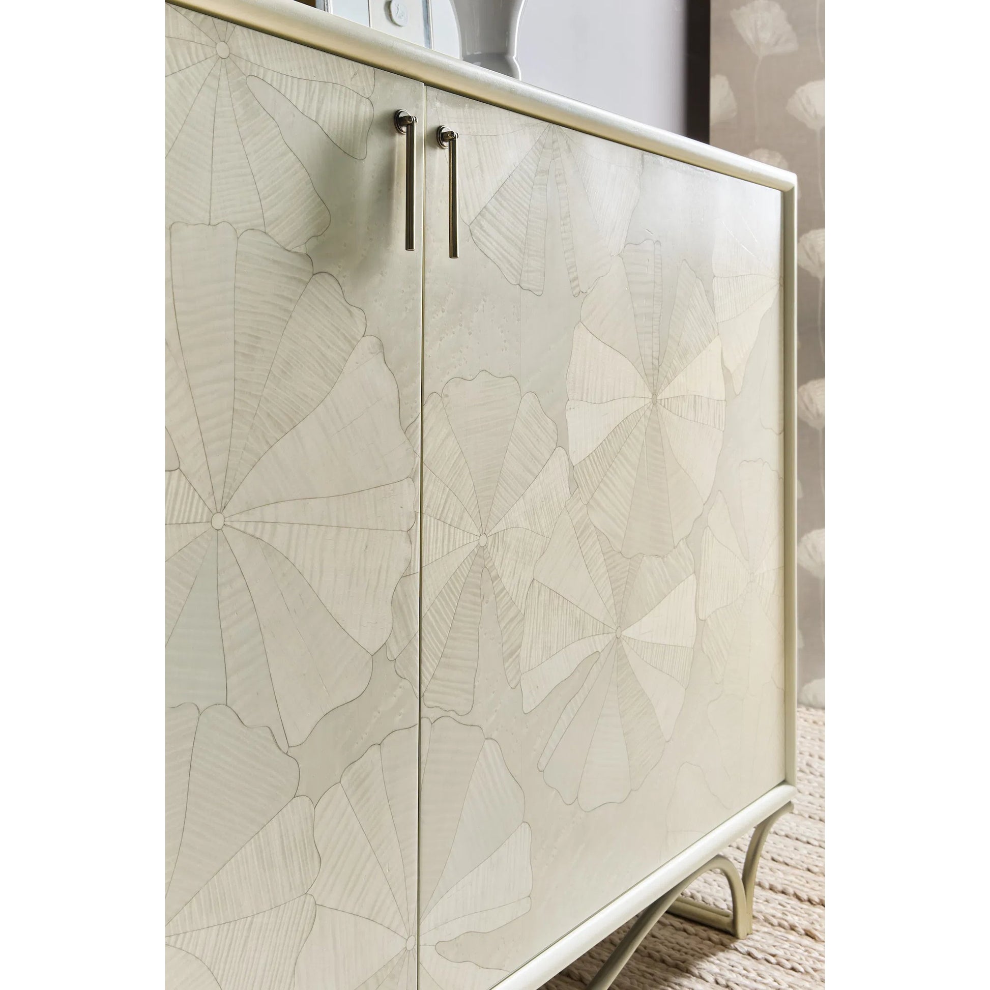 Melange White Lotus Hall Chest by Hooker Furniture in white painted, metal. Made from metal, birch veneers, dyed white figured maple veneers, dyed white birdseye maple veneers, fabric, 100% polyester in a transitional style.