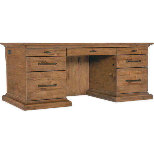 Big Sky Executive Desk by Hooker Furniture in vintage natural. Made from pecky hickory veneers, leather, solid-wood edged top in a modern style.
