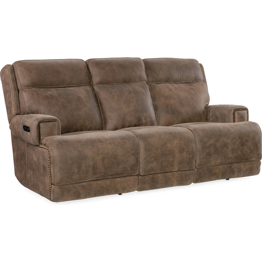 Wheeler Power Sofa by Hooker Furniture in seville timber. Made from leather, seville timber (aniline). seville timber features natural hallmarks of the trail such as fat wrinkles healed scars, scratches, mite marks. wax-b