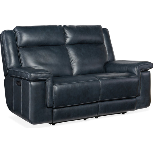 Montel Lay Flat Power Loveseat by Hooker Furniture in cosmos cobalt. Made from leather in a traditional style.