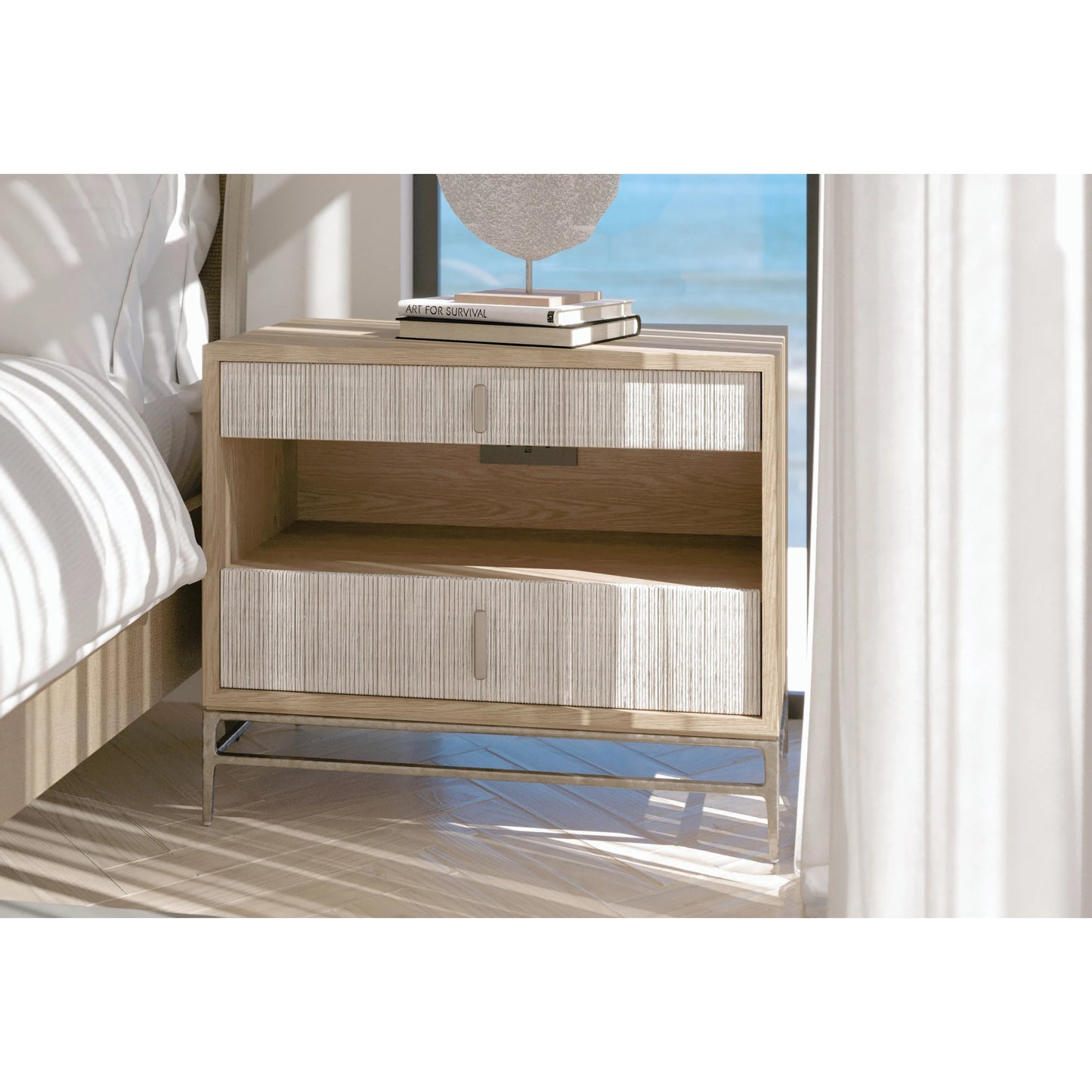 013 SI-2186249 | Lifestyle | Water Clapotis Danish Cord Nightstand by Jonathan Charles in bleached oak. Made from oak, danish cord, metal in a transitional style.