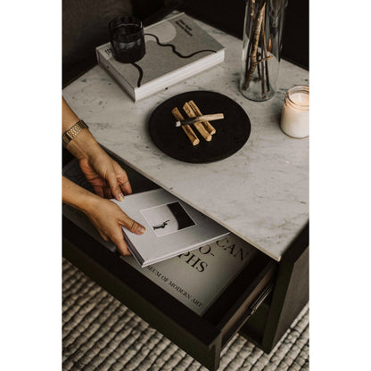 Ashcroft Nightstand by Moe's Home Collection in gray. Made from acacia veneer, white marble top, mdf in a transitional style.