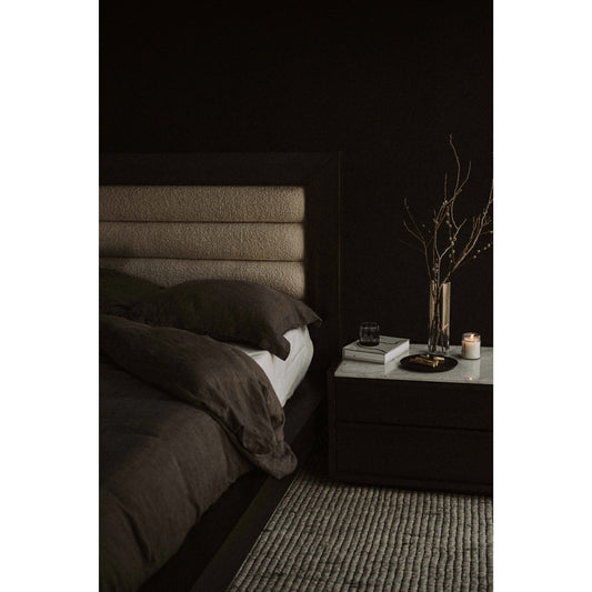 Ashcroft Bed by Moe's Home Collection in beige. Made from upholstery: 95% polyester, 5% nylon, acacia veneer, mdf, pine slats in a modern style.