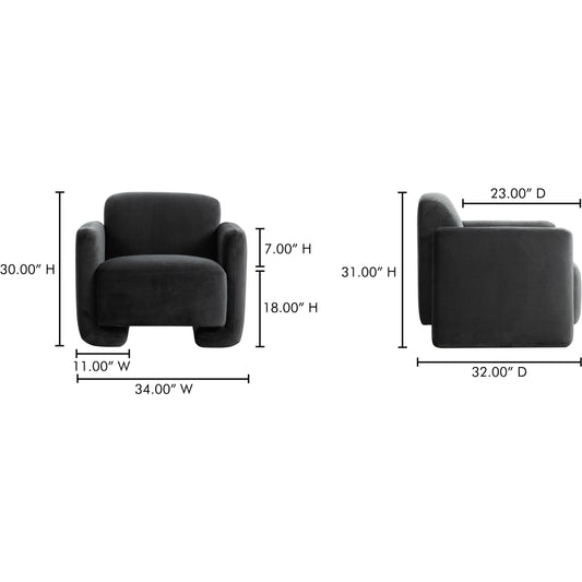 Fallon Accent Chair by Moe's Home Collection in shadow grey. Made from upholstery: 100% polyester, solid pine, plywood frame, elastic webbing support, medium density high resilient foam in a unique style.